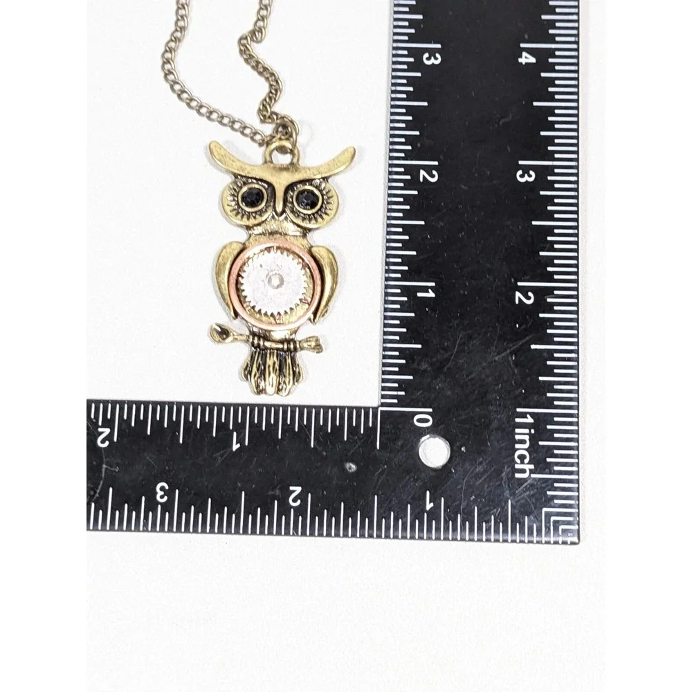 Steampunk‎ Owl Pendant Necklace Gold Tone Mixed Metal Gear 26